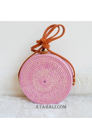coloring rattan circle sling leather bags hot pink color